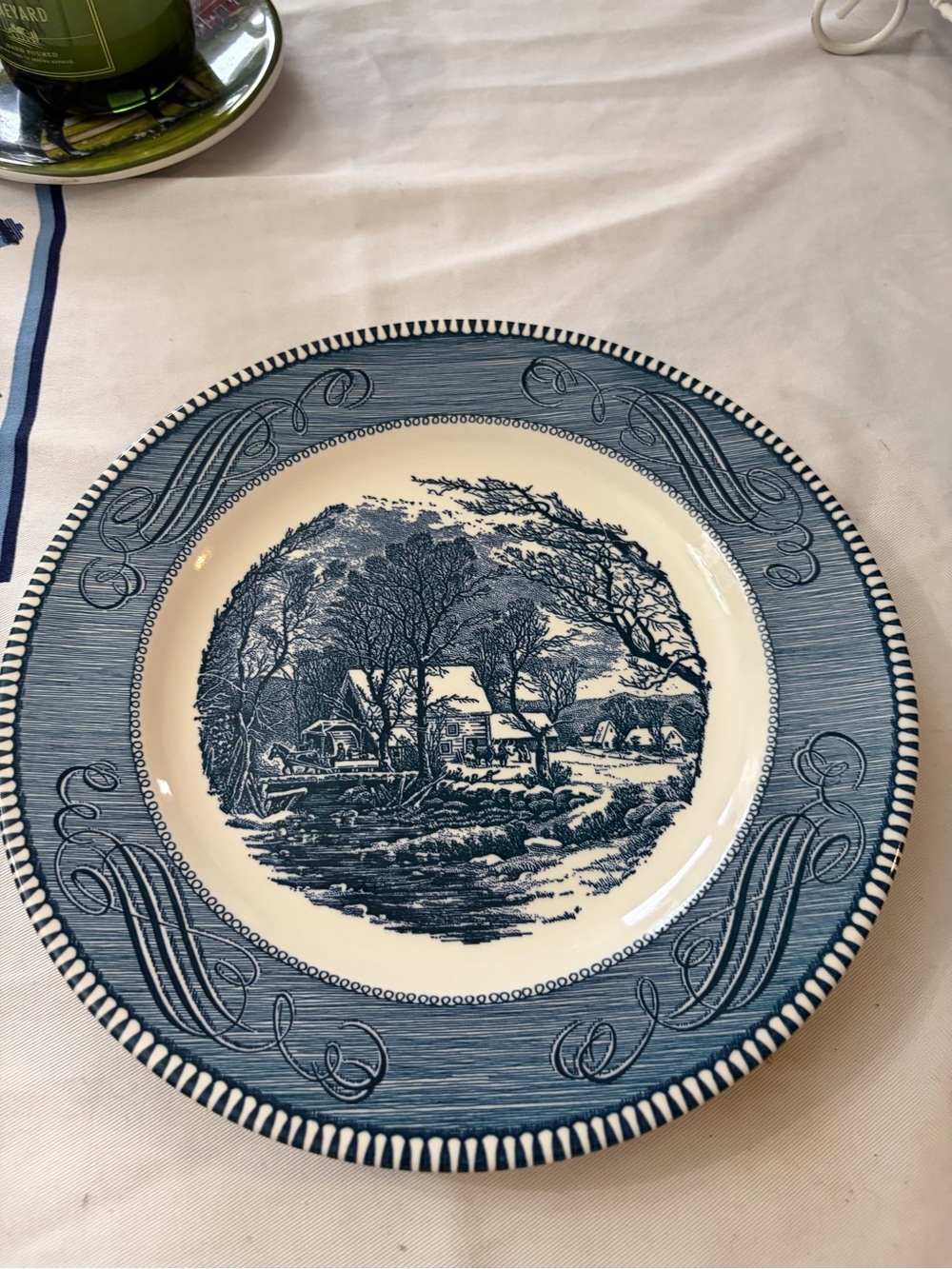 Blue Scenic Ceramic Dinner Plate with Countryside illustration